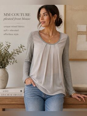 MM Couture Pleated Front Blouse Gray Wool Blend Sheer Panel Boutique Chic M